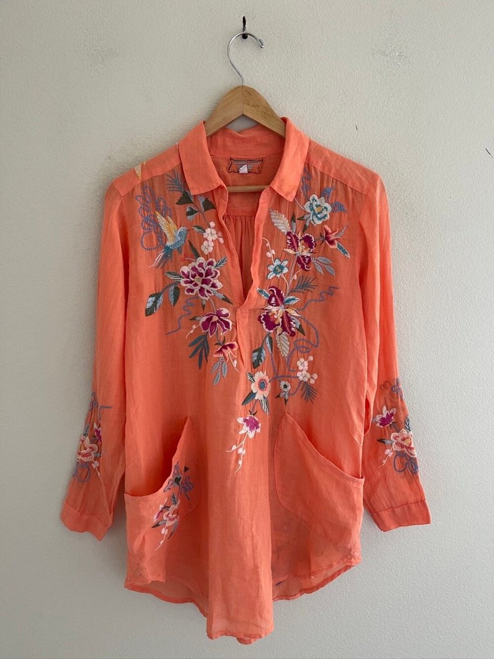 JOHNNY WAS WorkShop Peach Colored Blouse/Tunic: Size XS; Pit to Pit is 18": NWOT